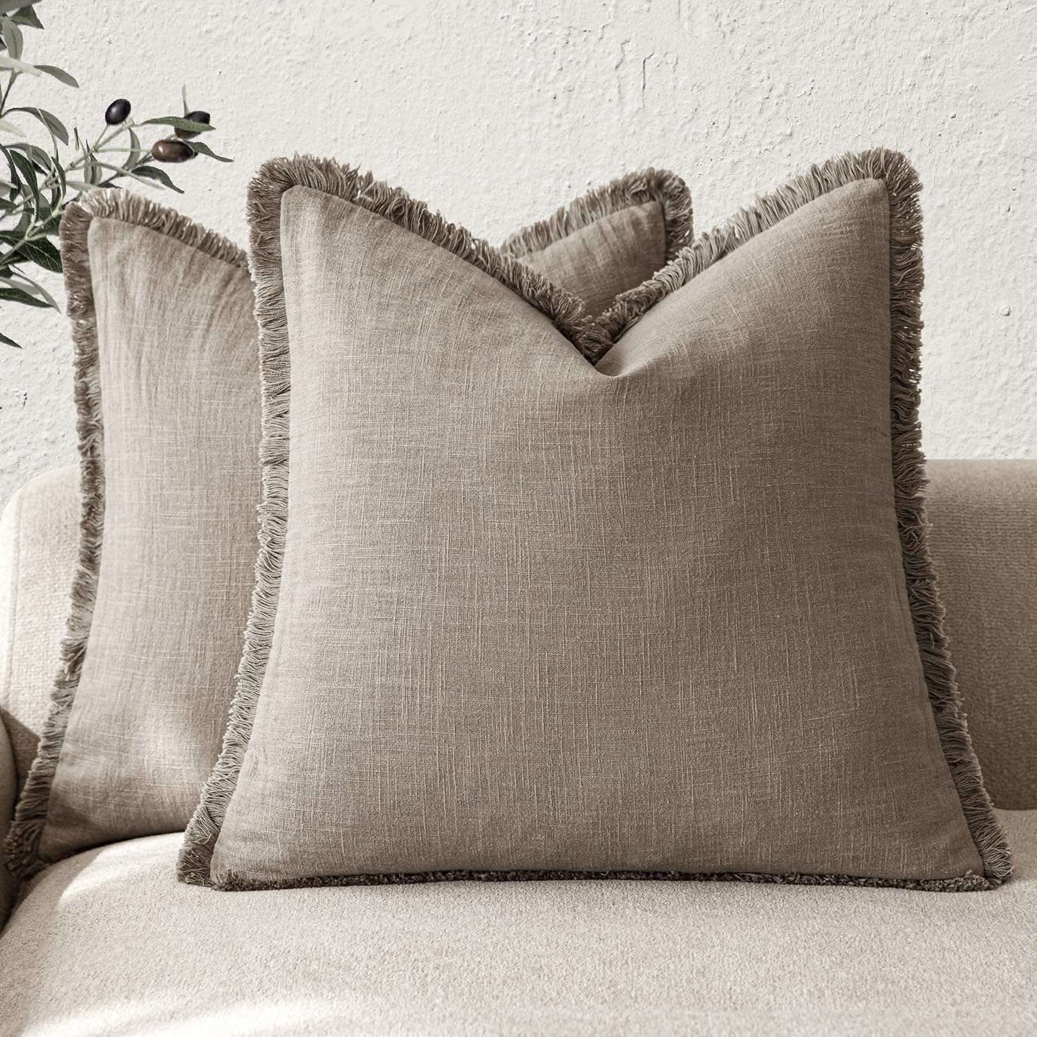 Foindtower Set of 2 Decorative Linen Fringe Throw Pillow Covers Boho Farmhouse Cushion Cover with Tassels Accent Pillowcase for Couch Chair Sofa Bed Living Room Home Decor,22×22...