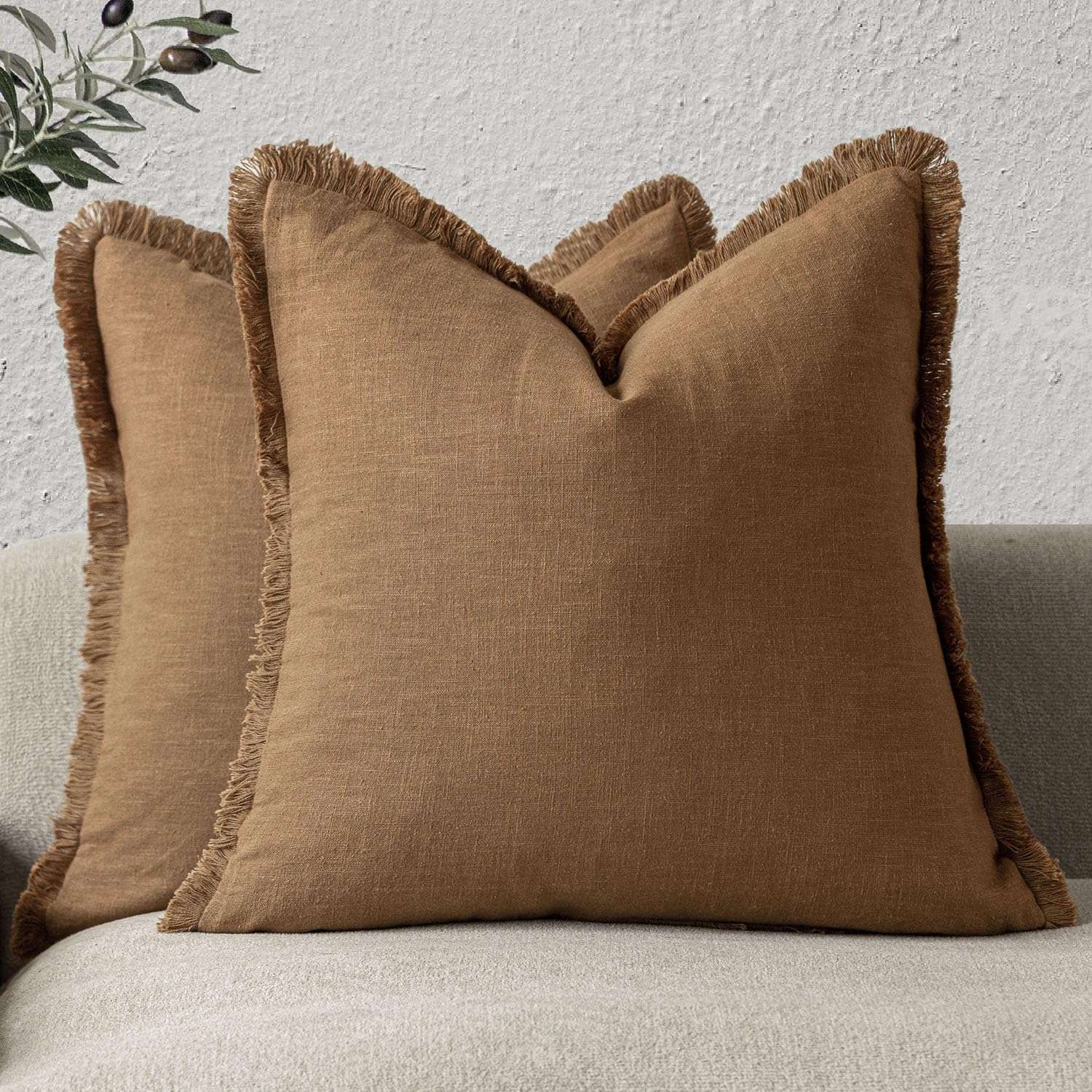 Foindtower Set of 2 Decorative Linen Fringe Throw Pillow Covers Boho Farmhouse Cushion Cover with Tassels Soft Accent Pillowcase for Couch Sofa Bed Living Room Home Decor,22×22...