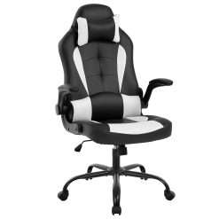Gaming Chair Ergonomic Office Chair Desk Chair with Lumbar Support Flip Up Arms Headrest PU Leather Executive High Back Computer Chair for Adults Women Men (White)