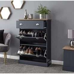 GFW Kendal Shoe Storage Cabinet Cupboard with Top Drawer and 2 Pull Down Storage Compartments For Up To 12 Shoes. Slim Wooden Shoe Unit for Hallway and Bedroom, Slate Blue/Oak,...