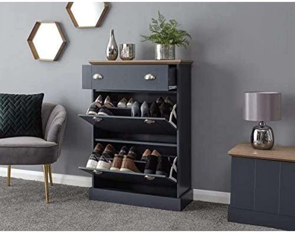 GFW Kendal Shoe Storage Cabinet Cupboard with Top Drawer and 2 Pull Down Storage Compartments For Up To 12 Shoes. Slim Wooden Shoe Unit for Hallway and Bedroom, Slate Blue/Oak,...