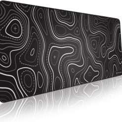 Glittery Garden Minimalist Topographic Map Mouse Pad - Contour Extended Large Stitch Edge Mousepad. Black & White Non-Slip XL Gaming Desk Mat