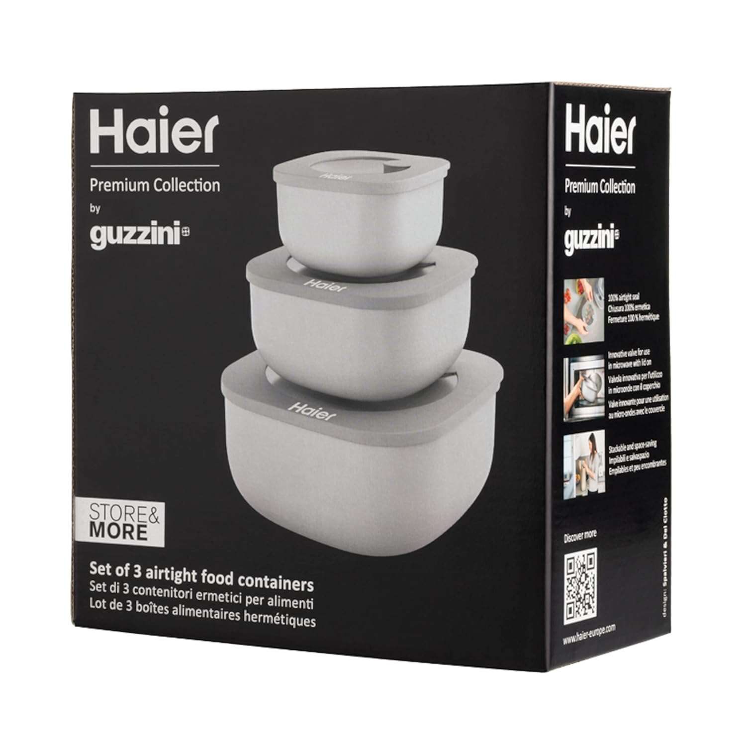 Haier HAGSM4080 Set of Three Hermetic Food Containers - Dishwasher Safe - Fridge - Freezer and Microwave - 3 Sizes - Space Saving - Premium Collection by Guzzini