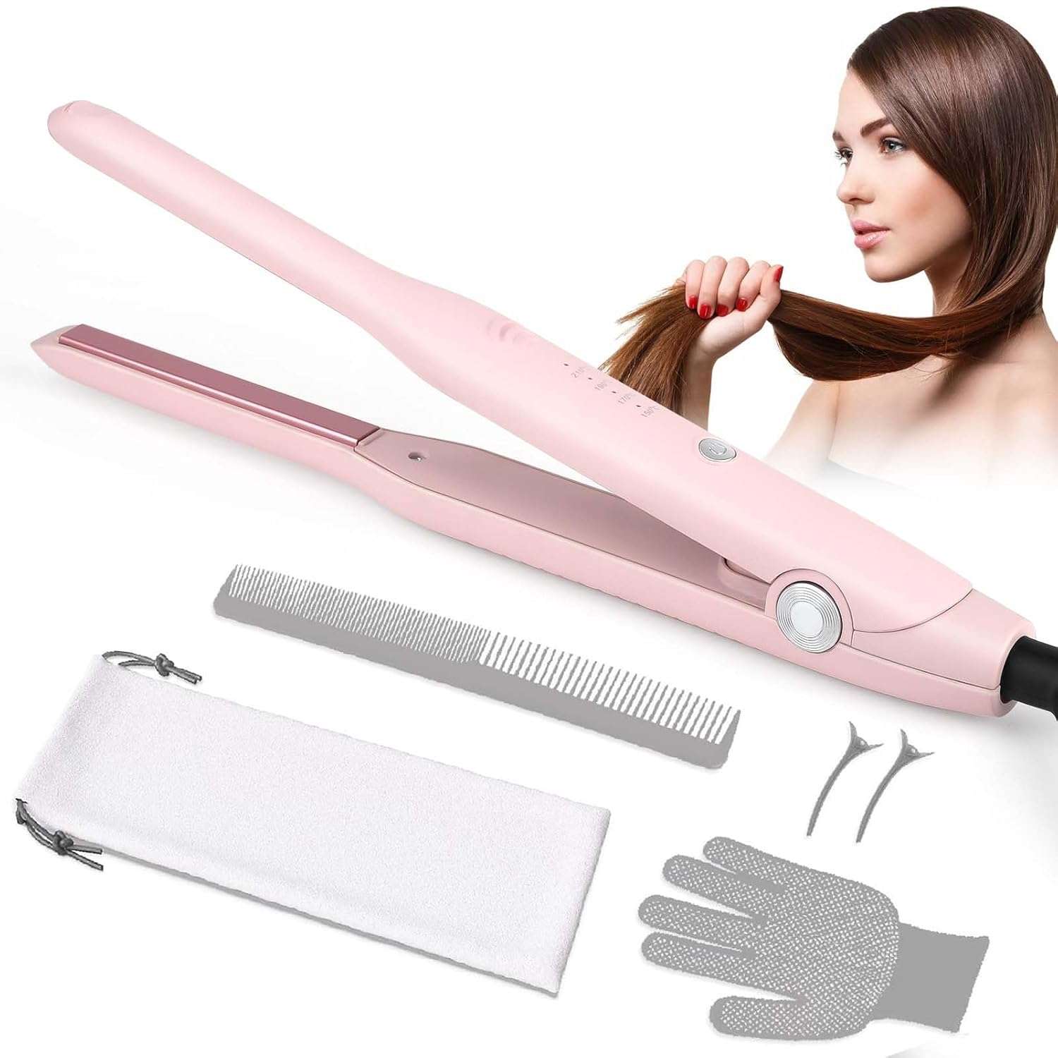 Hair Straightener, Pencil Straighteners for Short Hair, Mini Hair Straighteners for Woman and Man, Ceramic Panel with 4-Step Temperature Setting and Anti-scalding(Pink)