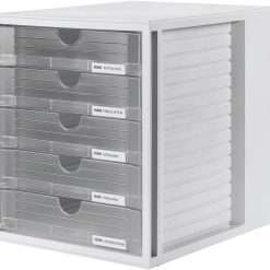 HAN drawer box SYSTEMBOX with 5 closed drawers, desk or in the cupboard, incl. pull-out lock + labeling clip, furniture-friendly rubber feet, 1450-63, light gray /...
