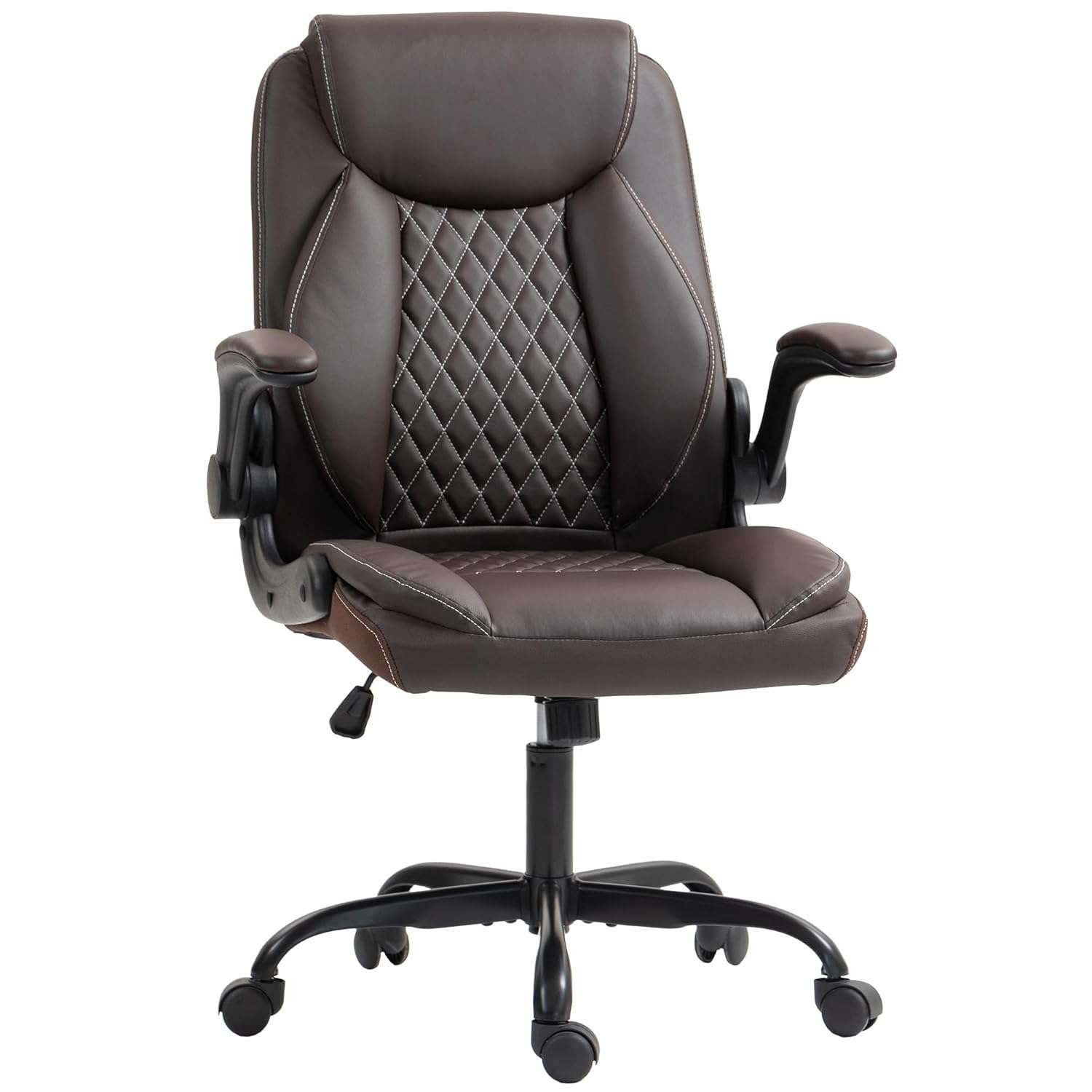 HOMCOM Executive Office Chair with Flip-Up Armrests, PU Leather Computer Desk Chair with Thick Cushion, Tilt Function, Height Adjustable for Home, Brown
