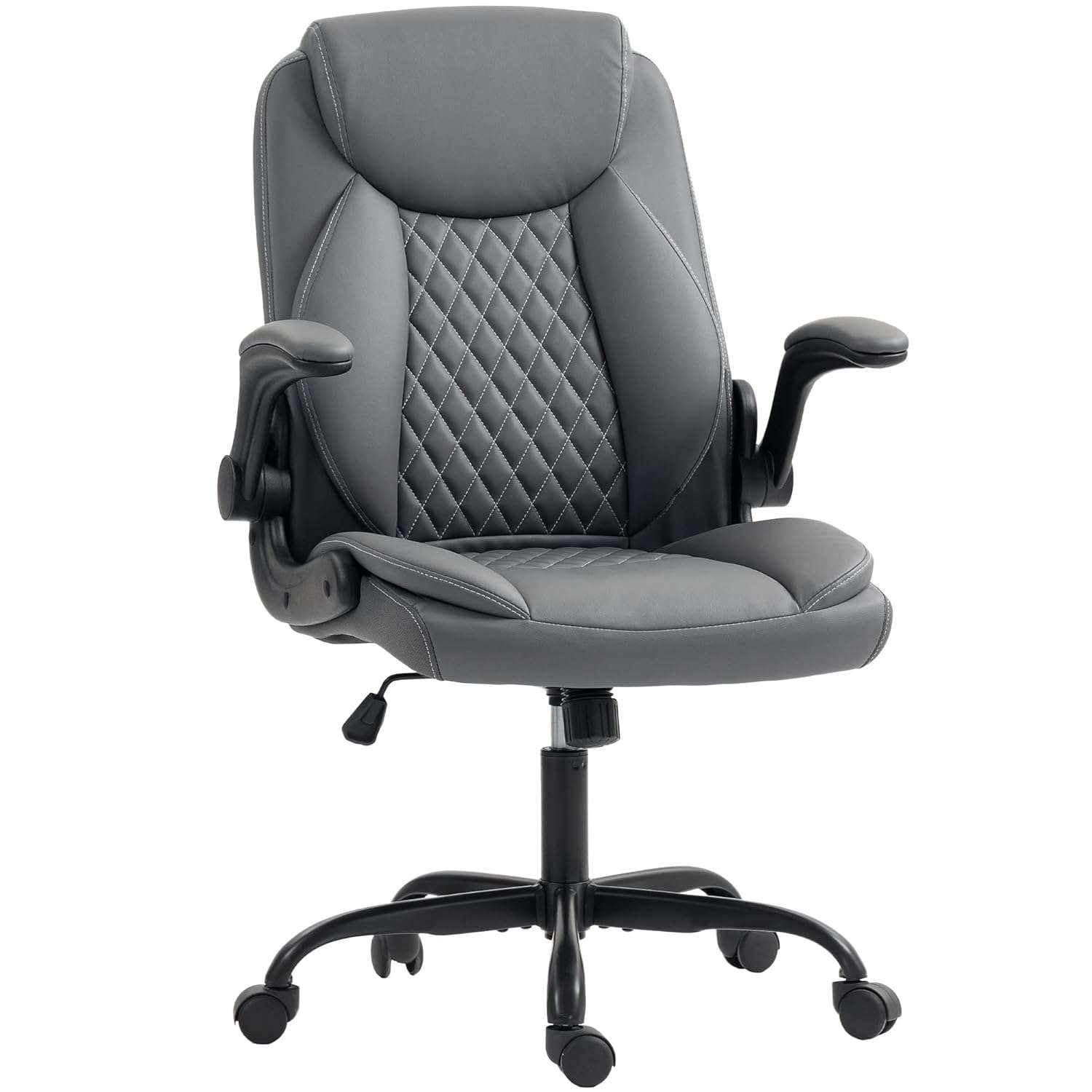 HOMCOM Executive Office Chair with Flip-Up Armrests, PU Leather Computer Desk Chair with Thick Cushion, Tilt Function, Height Adjustable for Home, Charcoal Grey