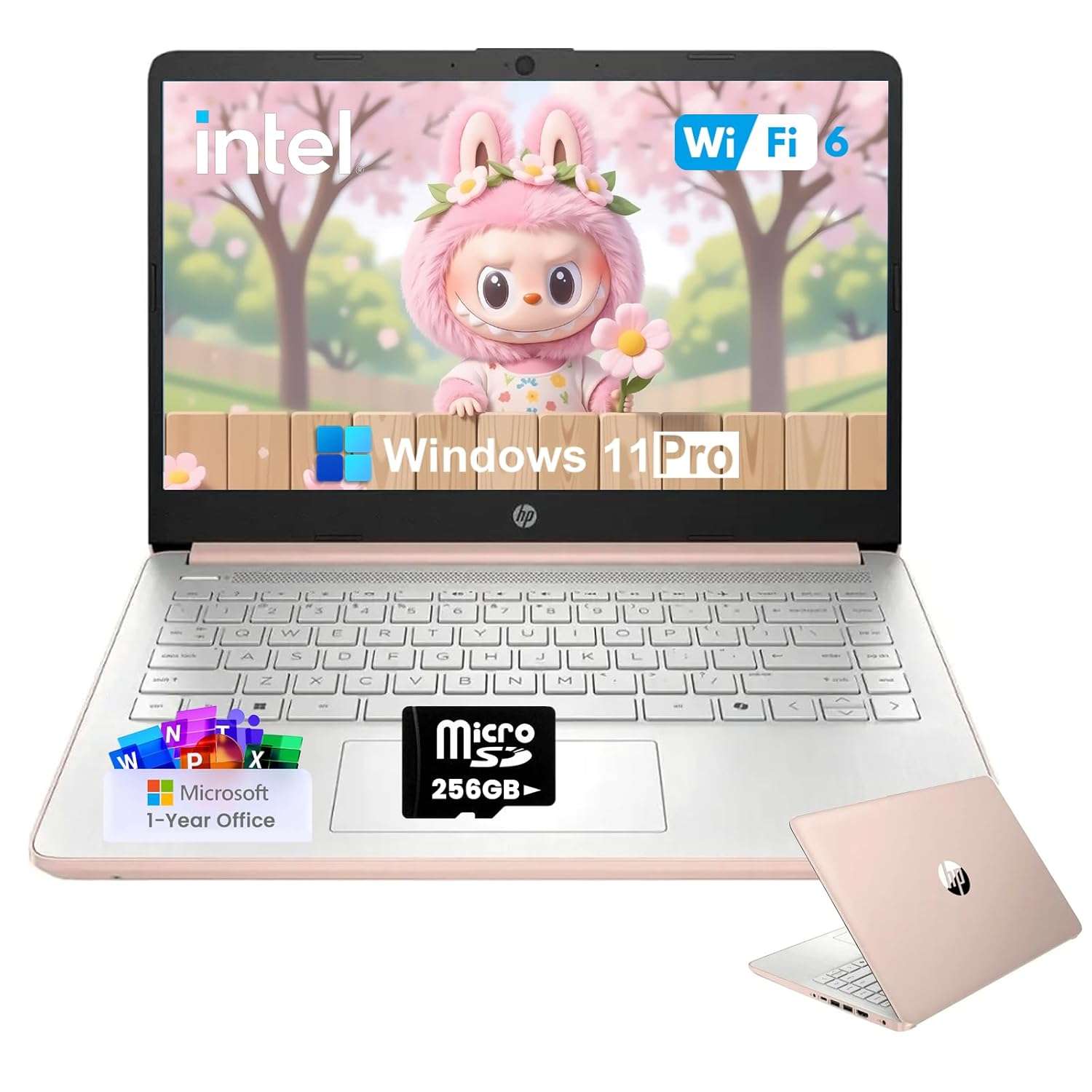 HP 2025 Student Business Laptop Computer - w/1 Year Office 365, 16GB RAM, 128GB UFS & 256GB SD Card, Ai Copilot Intel 4-Core Processor, HD Display, Windows 11 Pro(Rosegold)