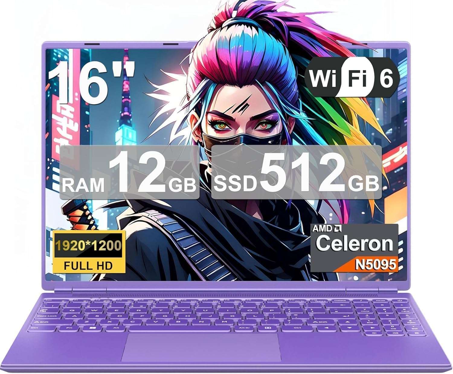 HUQPPQ 16 Inch Gaming Laptop, Celeron N5095 (Up to 2.9GHz),12GB RAM 512GB SSD, 1TB Expandable, FHD 1920x1200, WIN11, USB3.0, Webcam, Notebook Computer for Students & Office-Purple
