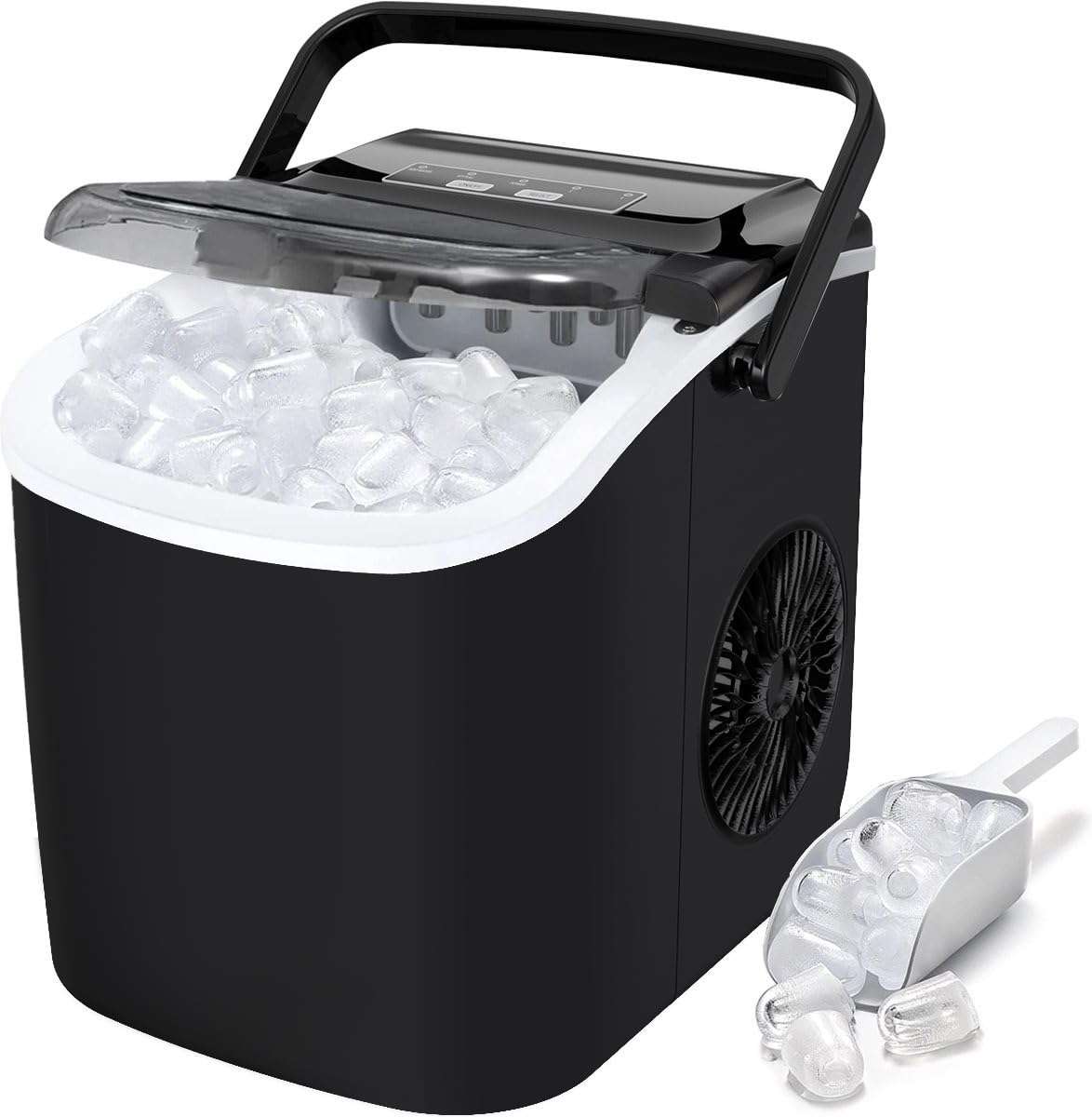 Ice Maker Machine | Countertop Ice Machine with Portable Handle | 9 Cubes Ready in 6 Mins | 12 kg in 24 Hrs | Self-Cleaning | Ice Scoop and Basket |for Home/Kitchen/Office/Bar...