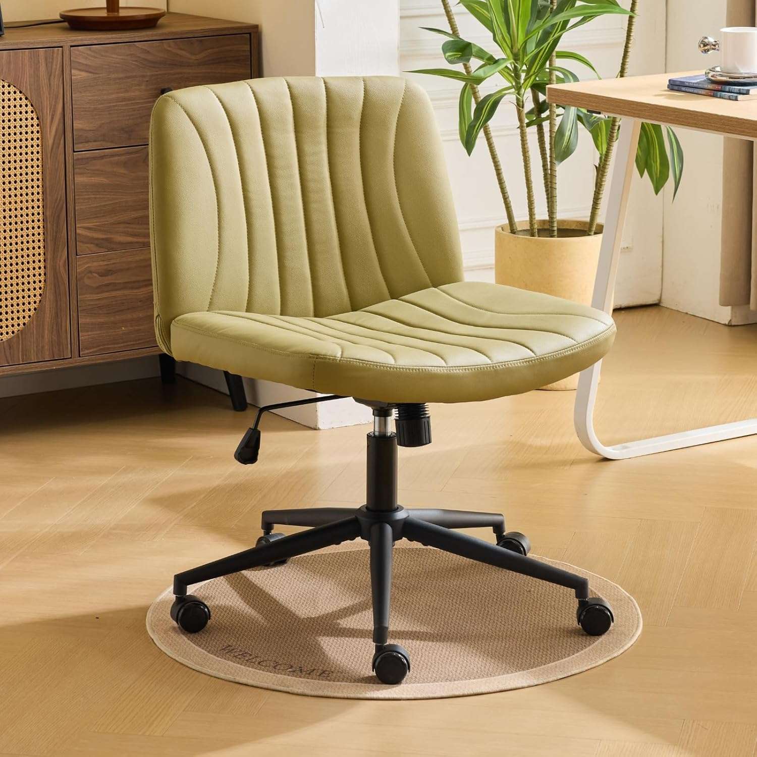 Karl home Cross Legged Office Chair, Ergonomic Criss Cross Desk Chair with SGS-certified Pneumatic Lift Mechanism, Wide Seating, PU Leather, High Resilience Foam Padding, 120°...