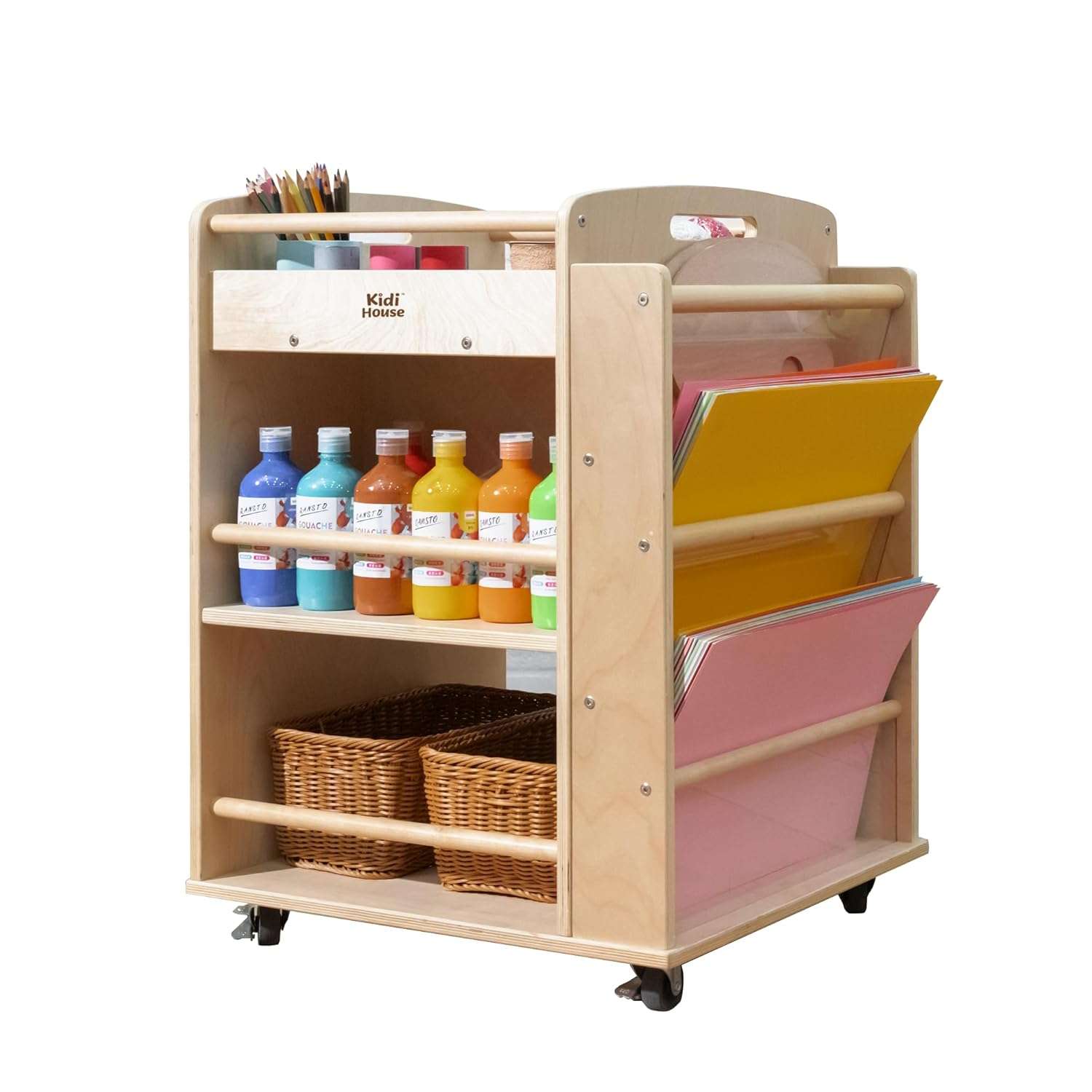 Kidi House Art Activity Rolling Utility Cart Multi-Functional Movable Storage Cabinet Crafts Supply Wooden Storage Organizer Cabinet and Shelves Classroom Furniture for Kids