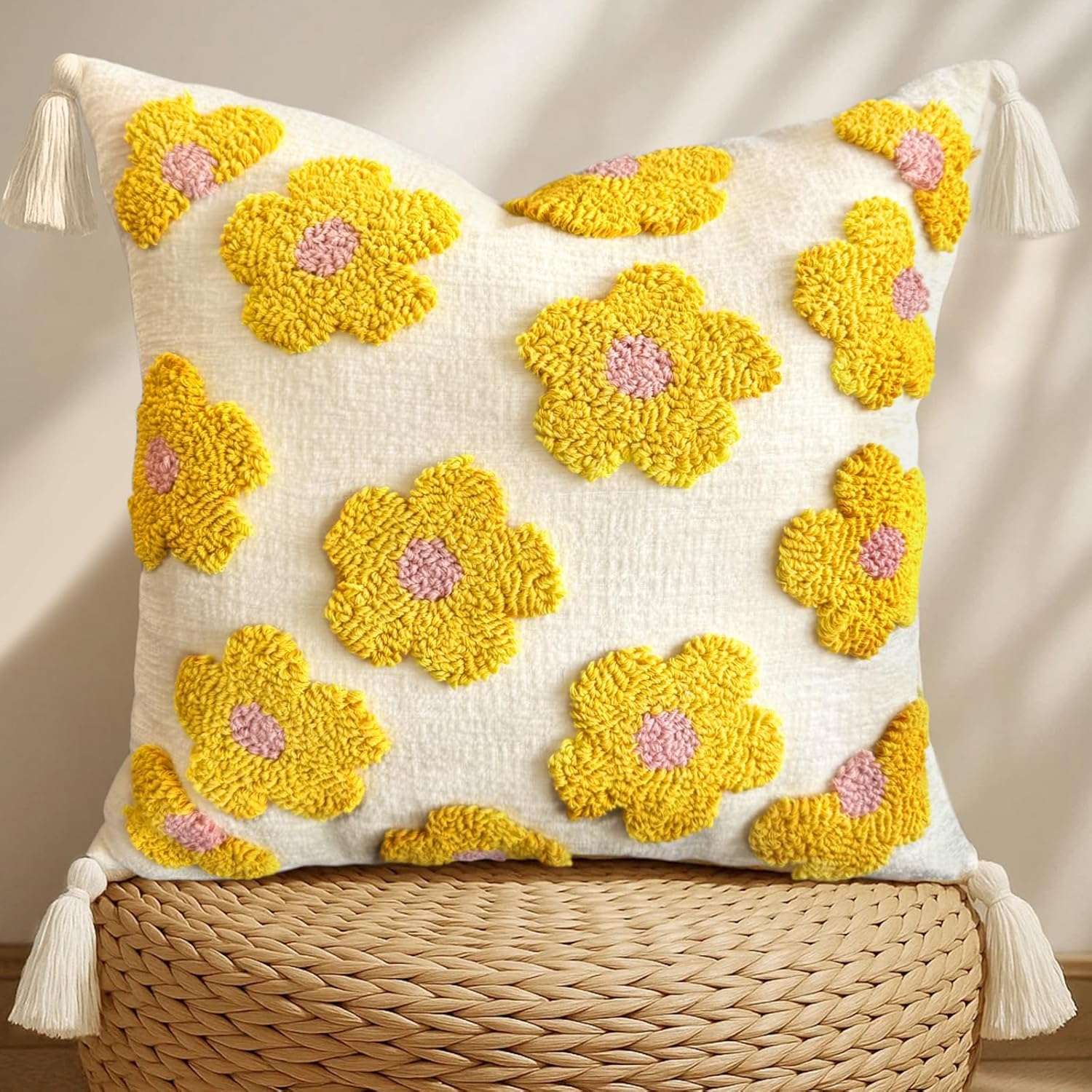 Kokaaee Throw Pillow Covers 18x18 - Tufted Decorative Pillow Cover with Zipper for Couch Sofa Bed Living Room Home Decor Aesthetic Soft Spring Summer Farmhouse Tassels Indoor...