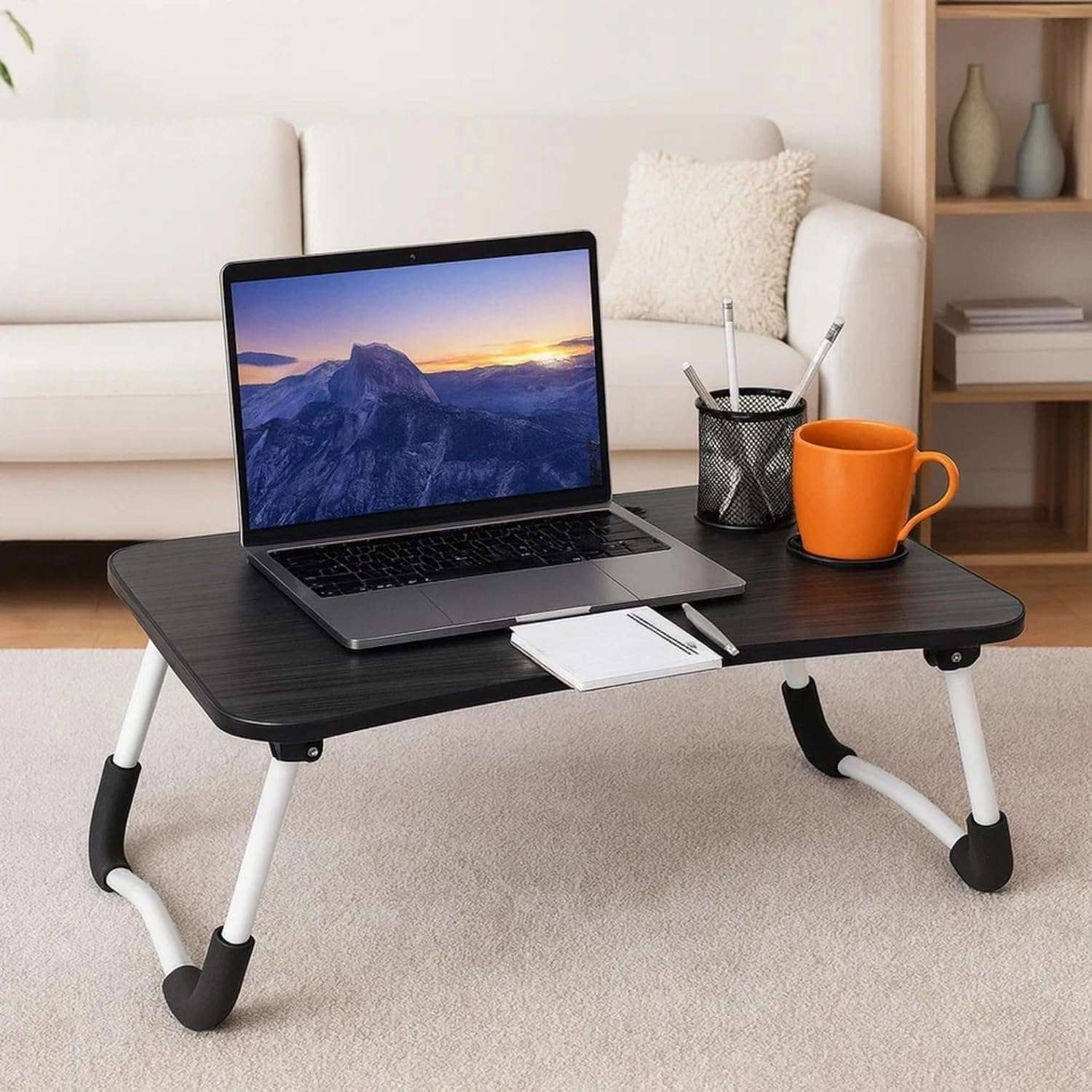 Laptop Bed Table with Cup Holder – Folding Lap Desk for Sofa, Breakfast Tray & Notebook Stand (60x40x26cm) (Black Wood Grain)