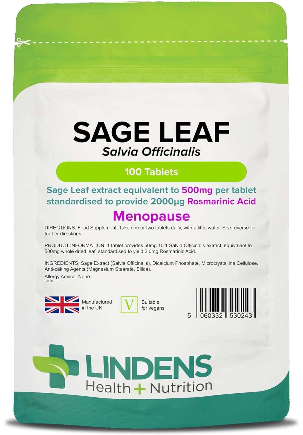Lindens - Sage Leaf Extract 500mg Tablets - 100 Pack - UK Made - Equivalent to 500mg Dried Leaf Per Tablet - Standardised to Yield 2mg Rosmarinic Acid - Letterbox Friendly, Vegan