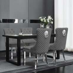 Luxury Velvet Dining Chair with Lion Head Door Knocker – Mirrored Chrome Legs, Tufted High Back, Modern Glam Accent Chair for Dining Room or Vanity ( 2 Chairs )