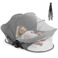 Portable Bed for - 1s Fold (52.5×5×49.5cm) with Carry Bag, Anti-Rollover, Soft Mattress & Mosquito Net - Versatile Travel Bassinet/Camping Cot for Indoor & Outdoor