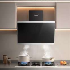 Midea COMFEE' 60cm Angled Cooker Hood (Black) – A++ Energy Class Tempered Glass Extractor with Touch Screen, LED, Recirculating & Ducting System, Wall-Mounted Kitchen Fan, Great for Home Cooking Spaces