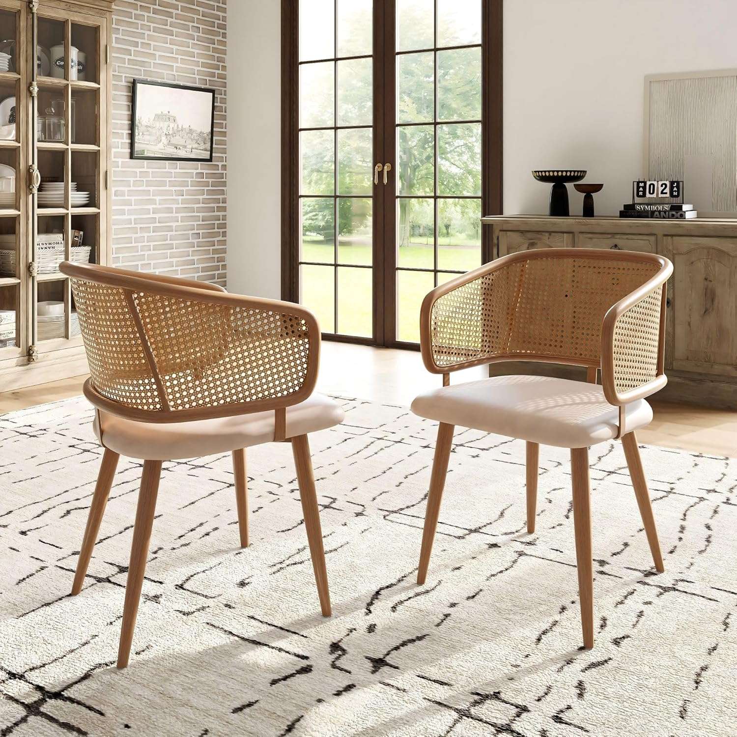 Merax Dining Chairs set of 2, with Rattan Backrest & PU Leather Seat, Wood Rattan Chairs Accent Chair Modern Vintage Vanity Chair Armchair, for Restaurant, Living Room, Café,...