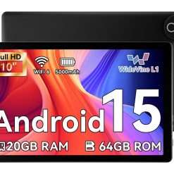 MUISOO Android 15 Tablet, 2025 Newest 10 Inch Tablet, 20GB RAM+64GB ROM (TF 1TB), 5000mAh, 1280 * 800 HD, WiFi 6, Bluetooth 5.4, Dual Cameras, Dual Speakers, Black
