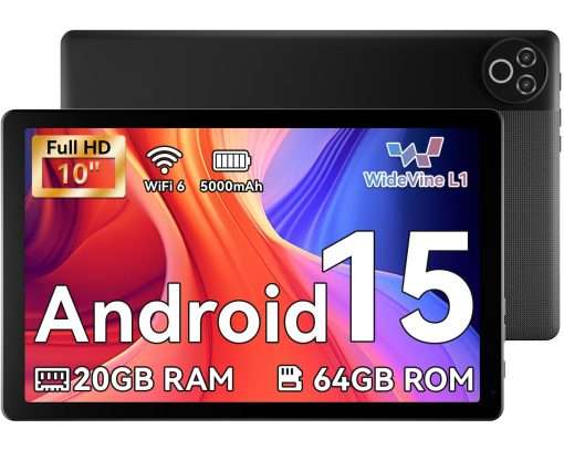 MUISOO Android 15 Tablet, 2025 Newest 10 Inch Tablet, 20GB RAM+64GB ROM (TF 1TB), 5000mAh, 1280 * 800 HD, WiFi 6, Bluetooth 5.4, Dual Cameras, Dual Speakers, Black