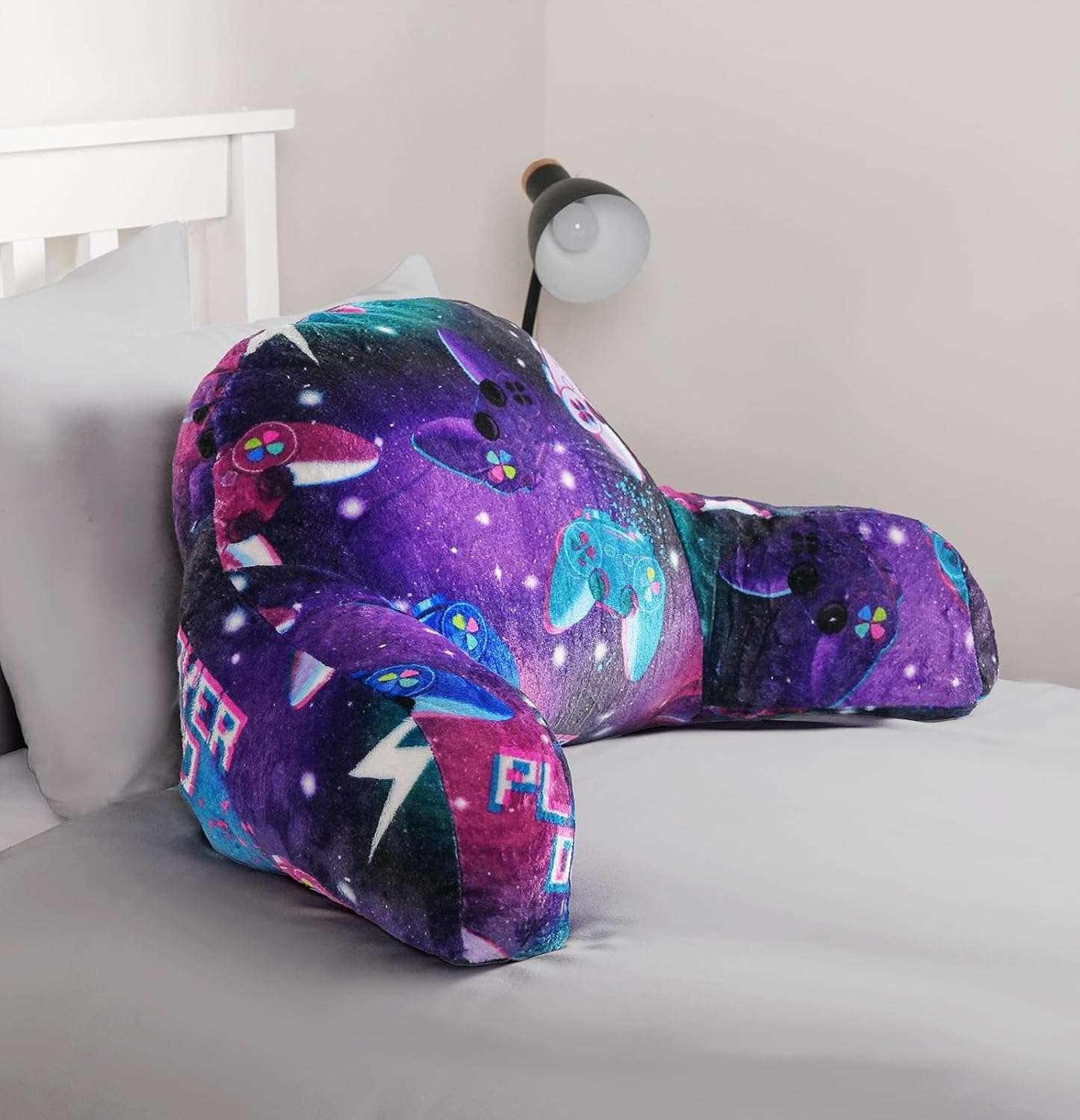 OHS Gaming Cushion for Kids, Soft Cosy Reading Pillow for Kids Supportive Fleece Cuddle Cushion with Arms Backrest Relaxing Comfy - Gaming Pillow Purple Neon