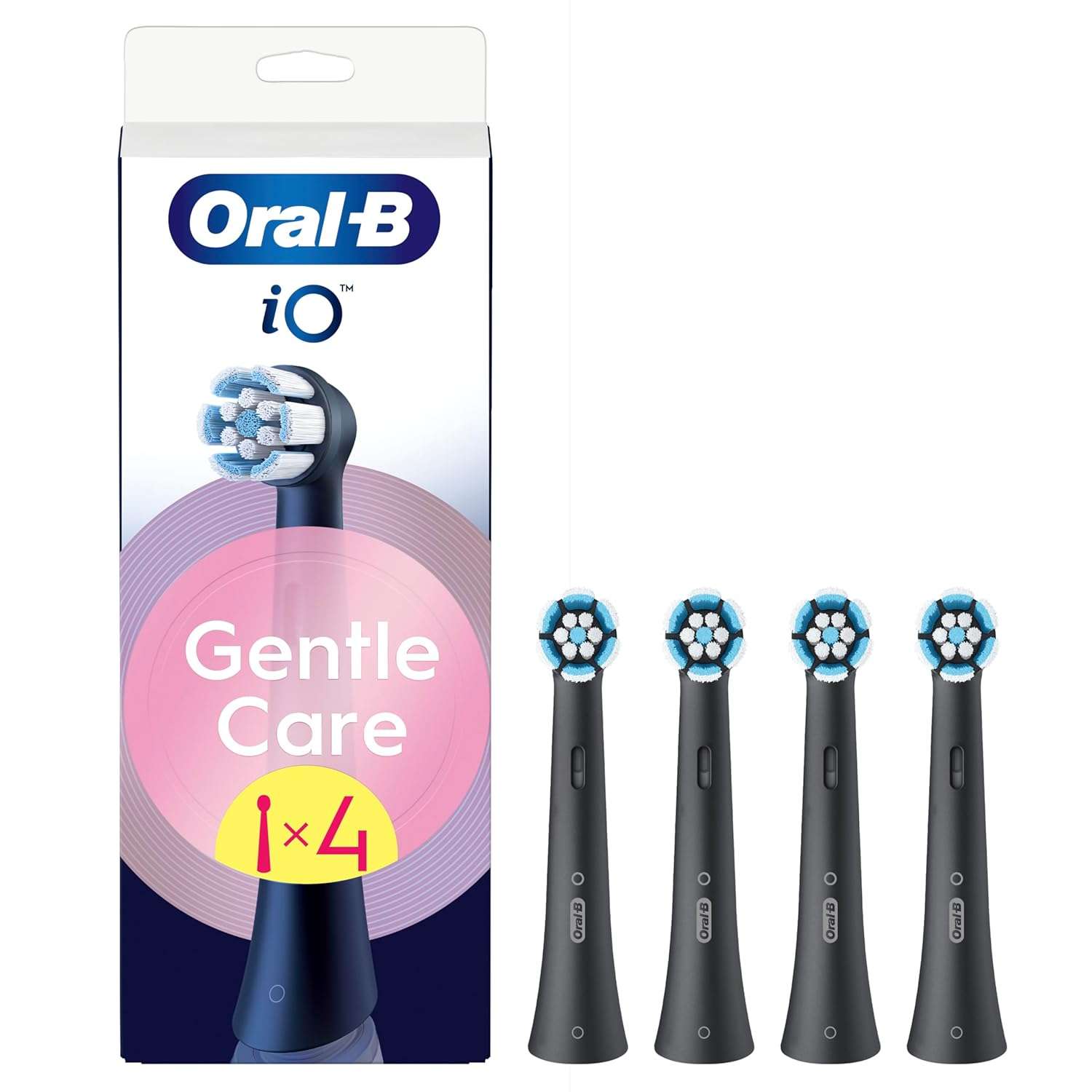 Oral-B iO Original Replacement Round Brush Heads, 4 Count, Soft Bristles for Sensitive Gums, Plaque Removal, Compatible with Oral-B iO Electric Toothbrushes, Black