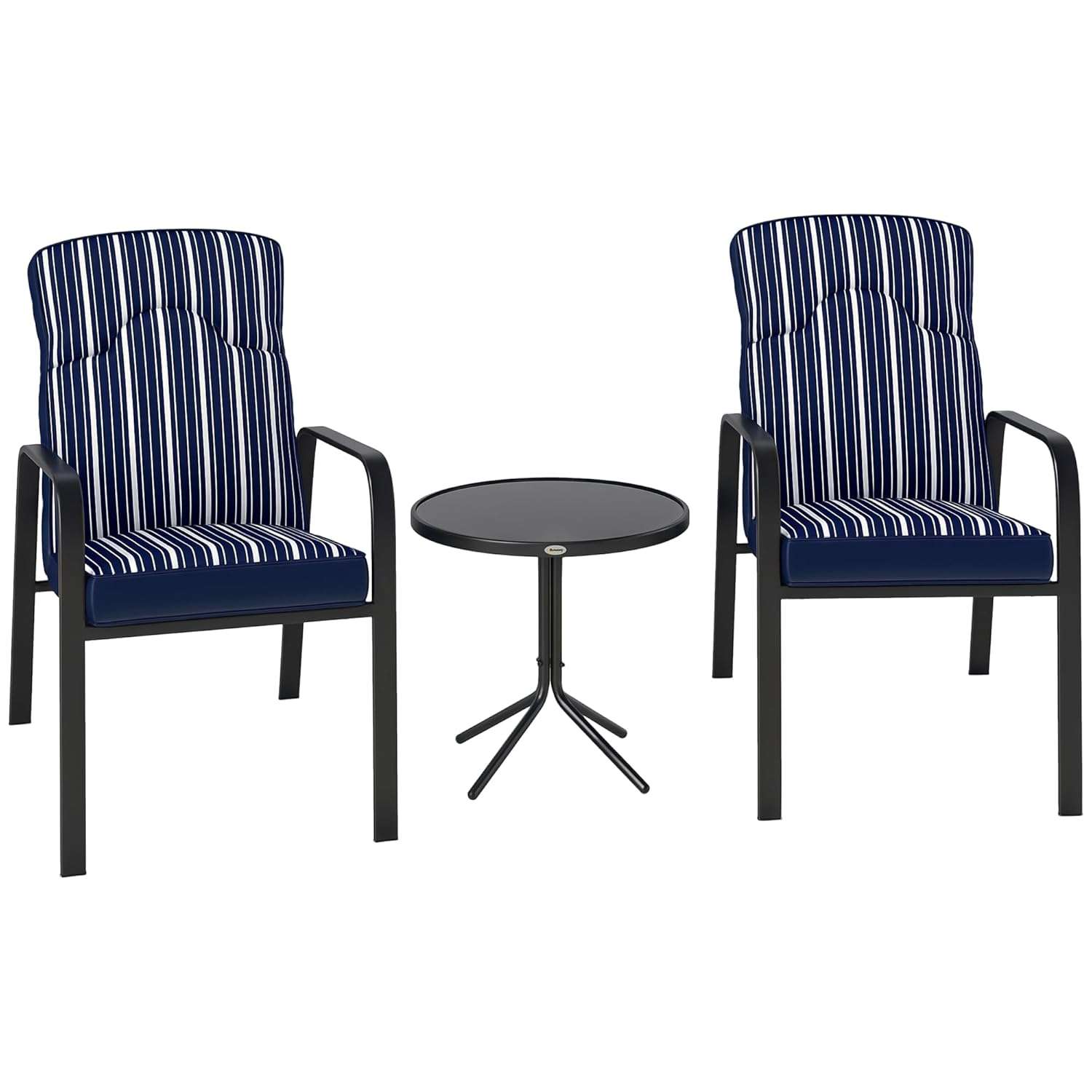Outsunny 3-Piece Patio Bistro Set, 5-Position Adjustable Recliner Garden Chairs and Tempered Glass Table, Garden Furniture Set with Cushions, High Back, Armrests, Metal Frame...