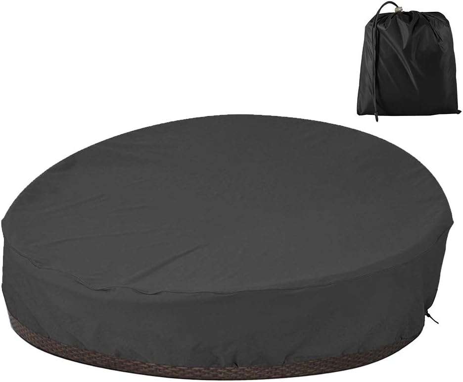 Patio Rattan Daybed Cover Round Waterproof Furniture Cover 210D Oxford Fabric Garden Daybed Sofa Protective Cover for Outdoor Garden Sofa Bed Diameter 228cm, Height 83cm Black