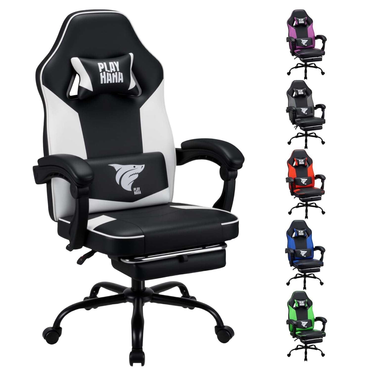 Play haha.Ergonomic Gaming Chair with Footrest, High Back Office Chair with Lumbar Support and Headrest, PU Leather Reclining Swivel Chair for Home and Office (White,With footrest)