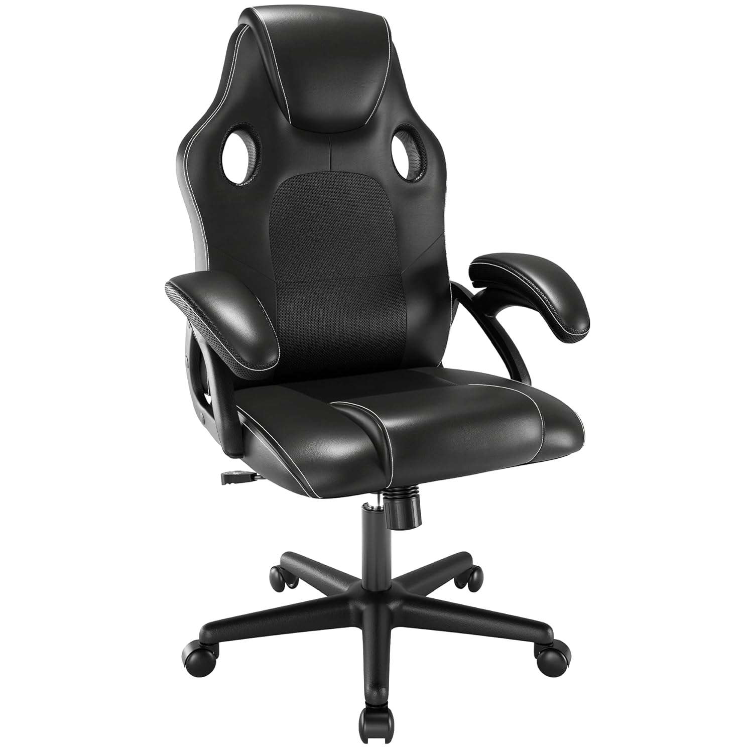 Play haha.Ergonomic high back seat with breathable mesh insert padded armrests tilt adjustment durable base lumbar support PU leather surface for gaming home or office use
