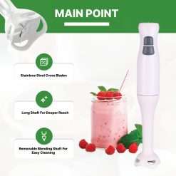 WANVOAPLS Electric Immersion Blender with UK Plug - Powerful 18000 RPM Motor, 2-Speed Control, Heavy-Duty Mixer & Chopper for Soups, Smoothies, Ice Crushing, - Corded Electric Mixer with Removable Blade, Ideal for Home & Professional Kitchens (White)