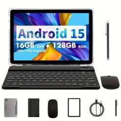 10.1-Inch Tablet PC, Android 15 Operating System, 2-In-1 Tablet with Keyboard, Mouse, Protective Case, Stylus, 128GB ROM + 16GB (4GB + 12GB Expansion) RAM, Supports 1TB Memory Card Expansion, 8MP Dual Camera, Octa-Core Processor, 8000Mah Battery, 1280*800 IPS HD Display, Tab, Wi-Fi 6, Tablet, Tablet, Pad