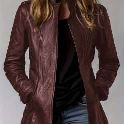 Women'S Retro Motorcycle Jacket - All-Season Slim-Fit Mid-Length Zippered Coat with Stand Collar & Full-Zip Front, Long Sleeve Casual Outerwear, H-Line Silhouette, Functional Pockets - for Commuting, Parties, Casual Attire (No Belt Required) - Versa