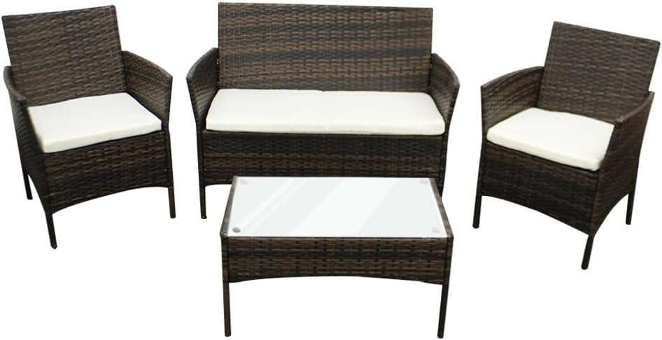 Rattan Garden Furniture Sofa Set with Coffee Table Chairs 4 Seater for Outdoor Patio Balcony 6210-B (Brown +Beige Cushions)