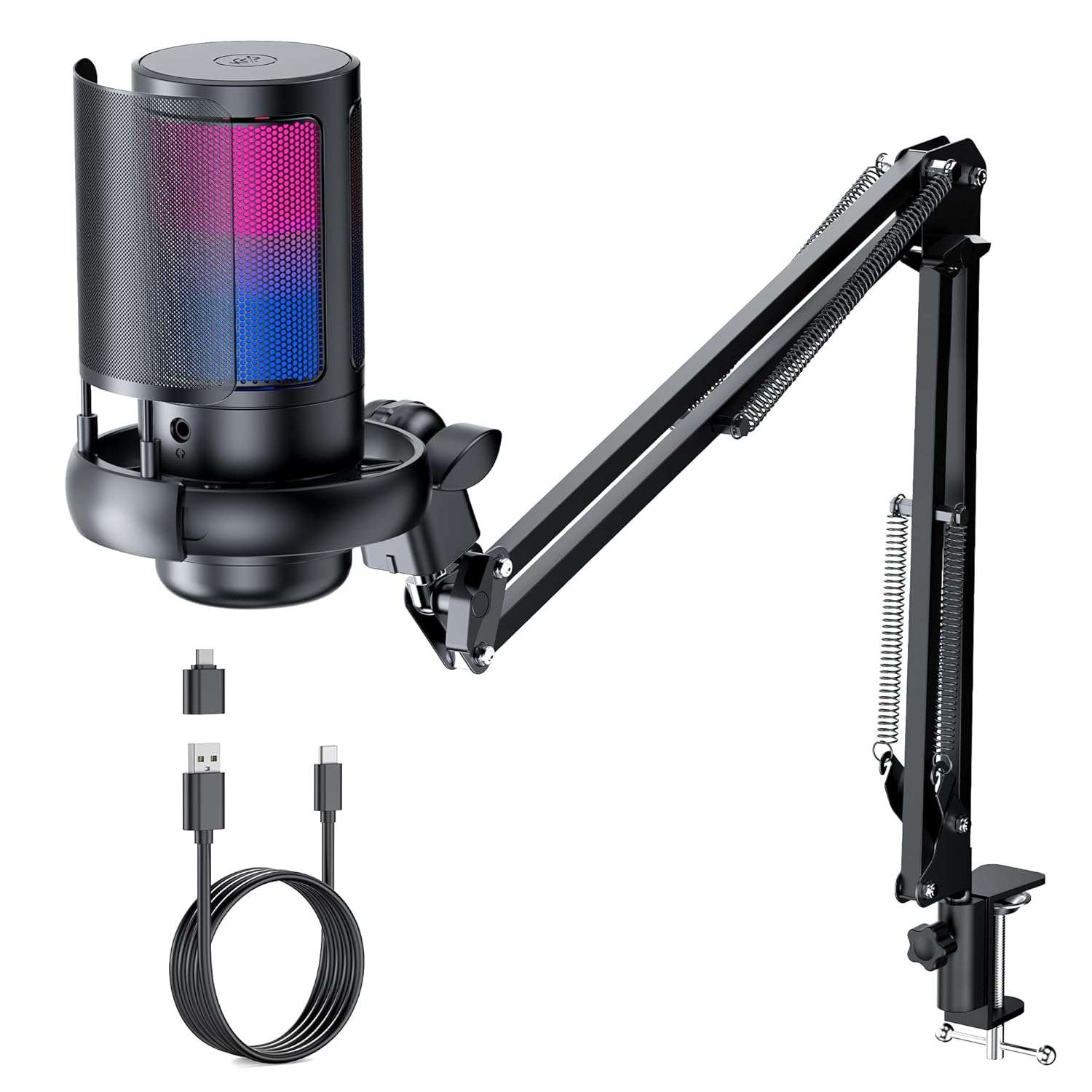 RGB Gaming Microphone with Boom Arm: USB Mic for PC - Streaming Microphone - Podcast Microphone Accessories - Mic for Computer - Suit for Youtube Titok