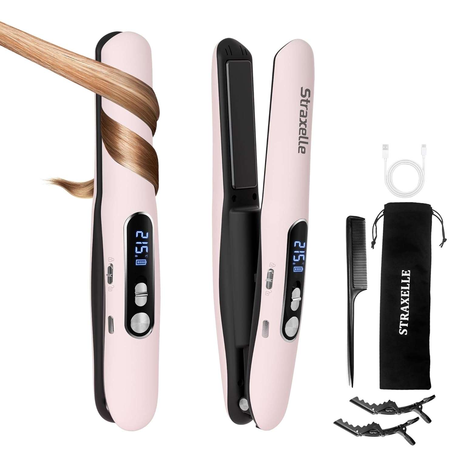 Straxelle Mini Cordless Hair Straighteners, 2 in 1 Portable Flat Iron and Curler Adjustable Temp 175℃-215℃ Mini Straightener with LED Display,5000mAh Travel Straightener for...
