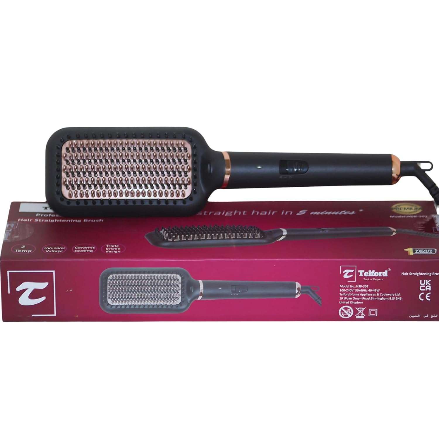 Telford Hair Straightener Brush UK, Argan Oil Infused Ceramic bristles, Anti-Scald, Fast Heating, 2 Temp Settings (180℃-210℃), Professional Salon at Home, Wider Comb for...
