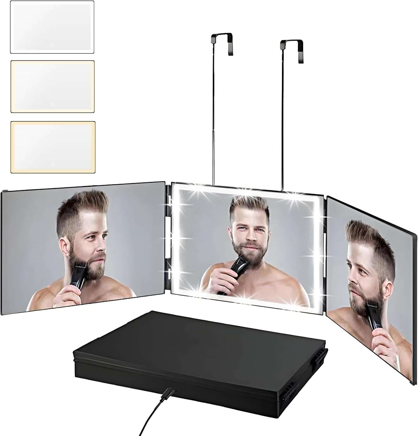 Vanexiss Rechargeable 3 Way Mirror, Real Glass Adjustable Trifold Mirror with Light & Telescoping Hooks for Self Hair Styling - Portable DIY Haircut Tool To Trim or Shave Your...
