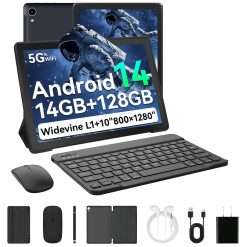 Whitedeer 10 inch Tablet Android 14, 14GB+128GB/2TB Expanded, Octa-Core Tablets, 800 * 1280 HD丨WiFi 6丨BT 5.0丨5000mAh丨5MP+8MP, Widevine L1, Tab with Keyboard丨Mouse丨Stylus丨Tablet...
