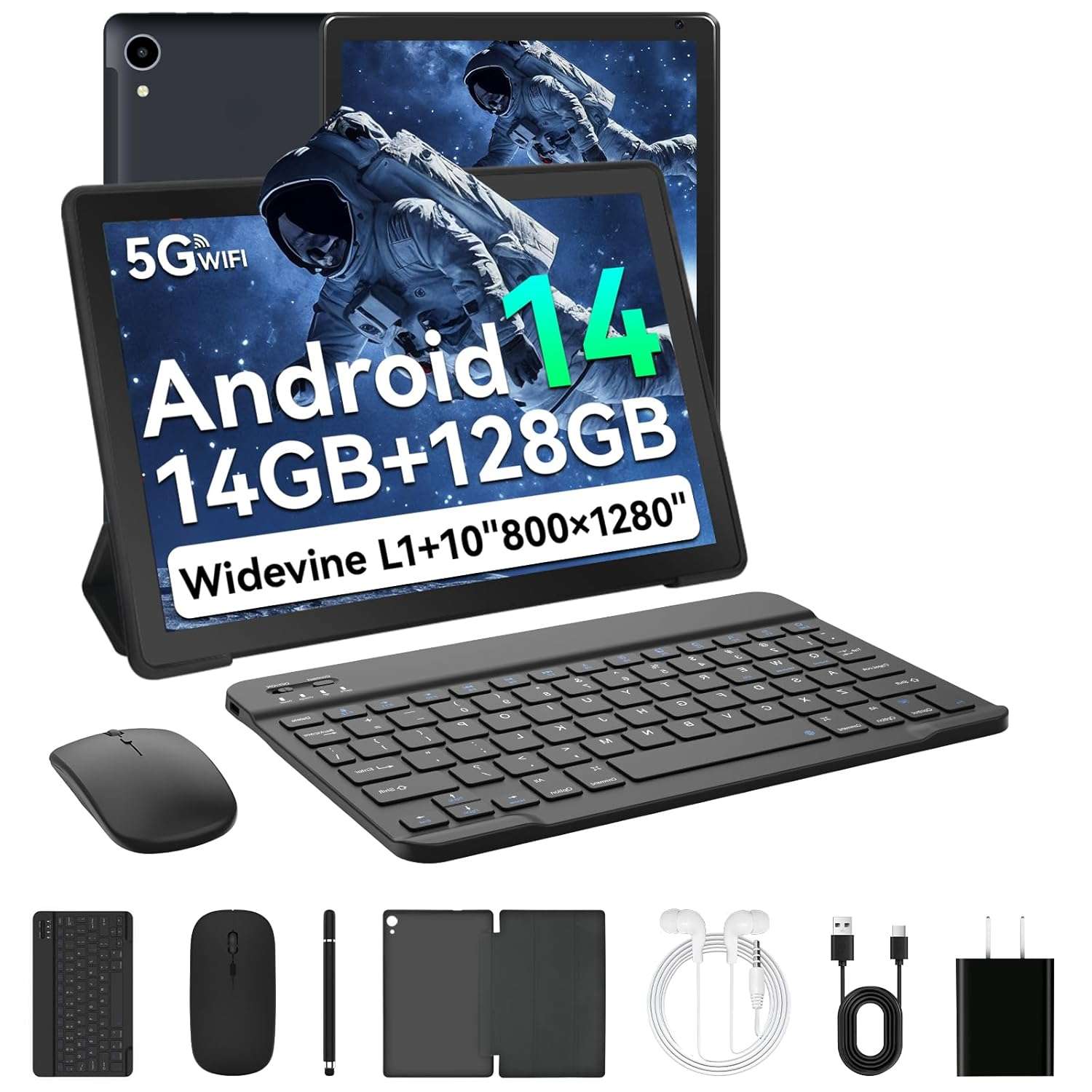 Whitedeer 10 inch Tablet Android 14, 14GB+128GB/2TB Expanded, Octa-Core Tablets, 800 * 1280 HD丨WiFi 6丨BT 5.0丨5000mAh丨5MP+8MP, Widevine L1, Tab with Keyboard丨Mouse丨Stylus丨Tablet...