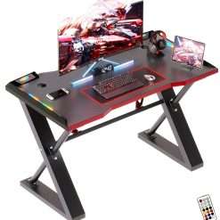 Xyphren 100 * 55 cm Gaming Desk with LED Lights, Gaming Table Thickened Z Shaped, Gamer Desk with Carbon Fiber Coated, Gaming PC Desk, Computer Desk Easy to Assemble, Carbon...