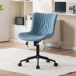 YOUTASTE Adjustable Office Chair, Leather Computer Desk Chair Ergonomic Armless Swivel Chairs with Wheels for Home Office, Modern, Blue