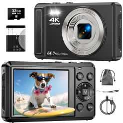 ZMOQNG Digital Camera 4K 64MP Autofocus with 32GB SD Card, 2.8" Screen Compact Vlogging Camera with 1200 mAh Battery, for Kids & Beginners