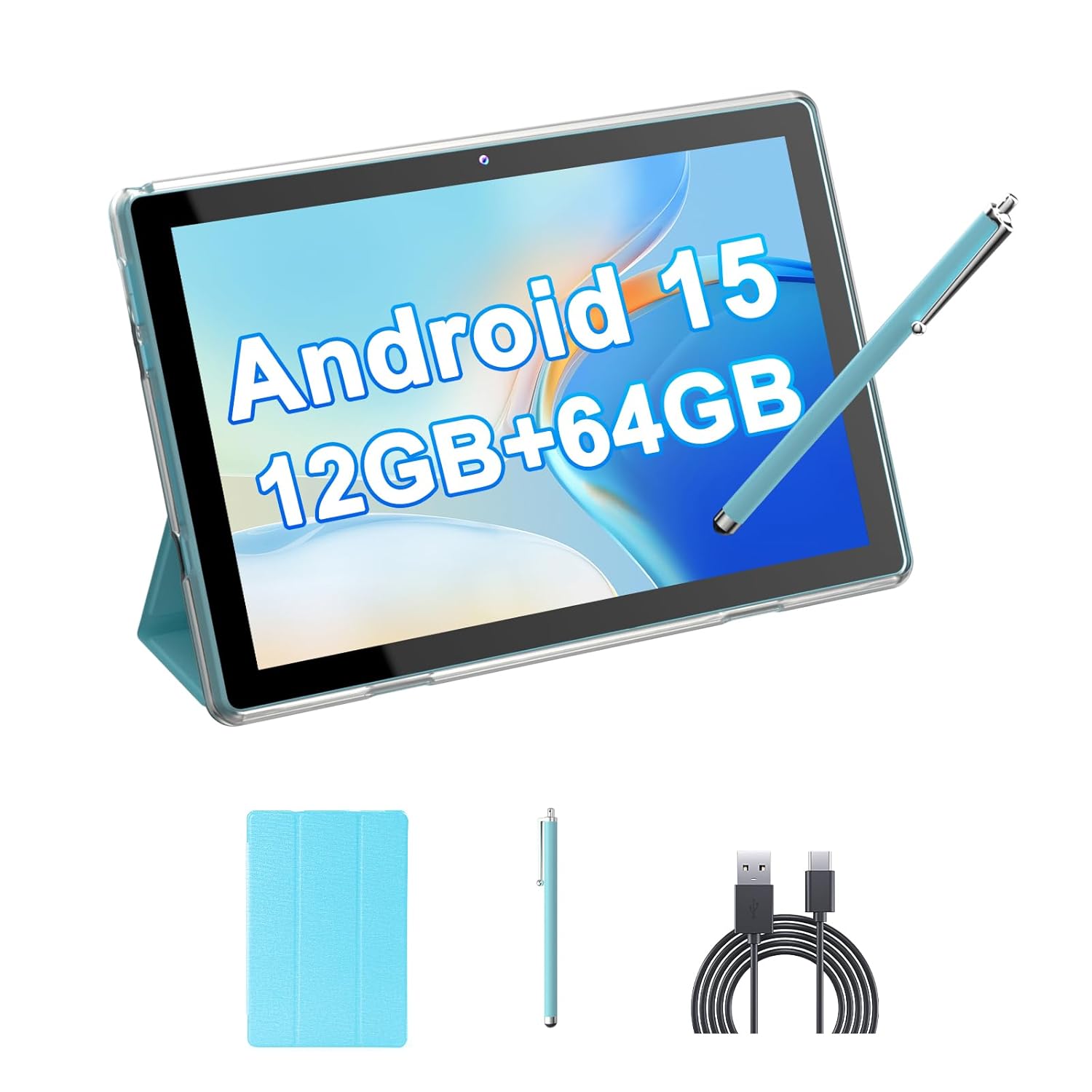 10" Android 15 Tablet with Case/Stylus, 12(4+8Expand) GB RAM+64GB ROM, 2+8MP Dual Camera, 6000mAh Battery (Tablet+case+Stylus), Blue