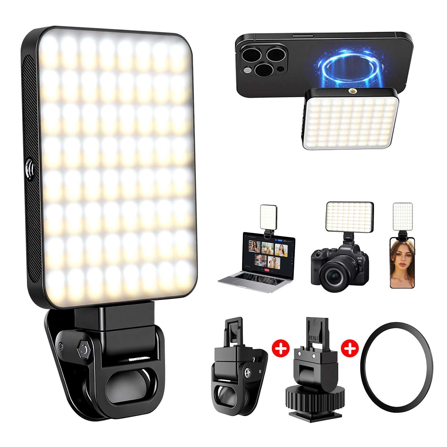 128 LED Rechargeable Portable Selfie Light Video Conference Lighting with Clip and Camera Tripod Adapter, 3 Lighting Modes, for Laptop/Phone, iPhone Camera, Youtube, TikTok,...