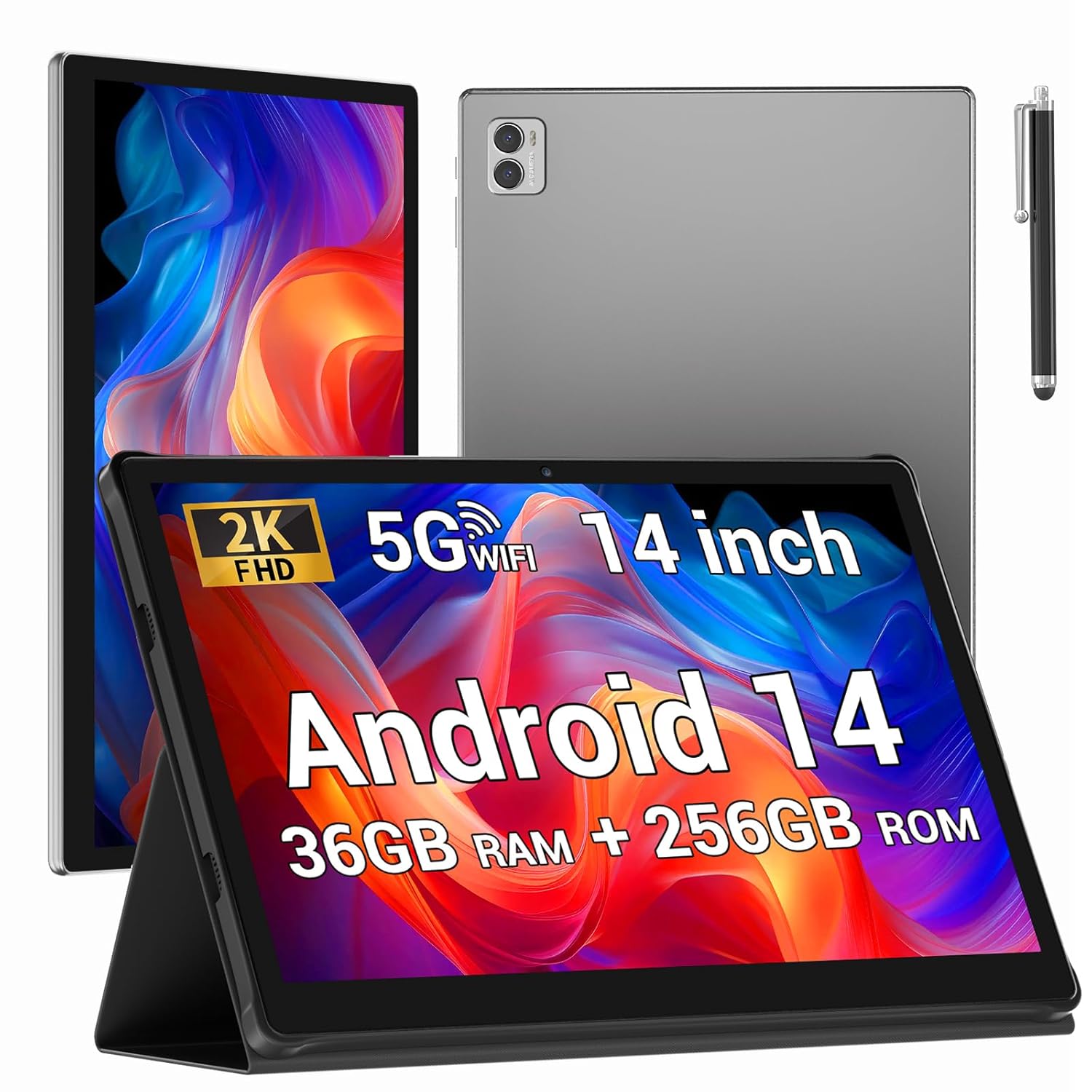 14 inch Android 14 Tablet,large screen tablets Octa-Core,36GB RAM+256GB ROM (TF 2TB), 11580mAh,18W,13+8MP, Face ID,TÜV, GMS, Widevine L3, BT5.0, GPS, Tablet With Pen - Grey