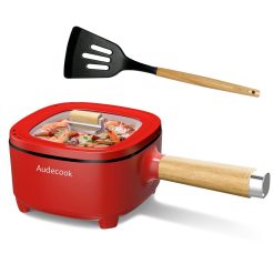 Audecook Electric Hot Pot, 2L Cermic Glaze Non-Stick Frying Pan, Portable Travel Multicooker for Ramen, Steak, Egg, Fried Rice, Oatmeal, Soup, 350W/800W (Red/2L Without Steamer)