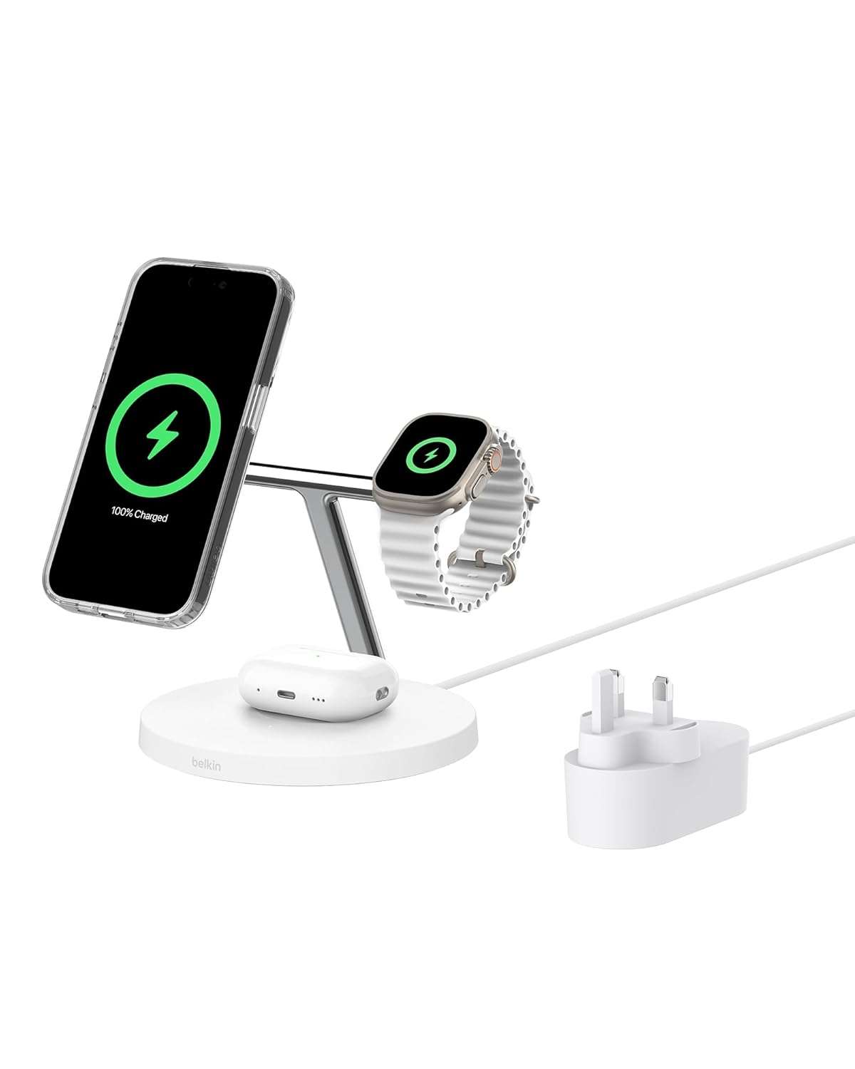 Belkin BoostCharge 3-in-1 Qi2 charger, MagSafe compatible wireless charging station, Qi2 Wireless Charger for Apple iPhone 17 Series, Air, Apple Watch, AirPods with Non-Slip...