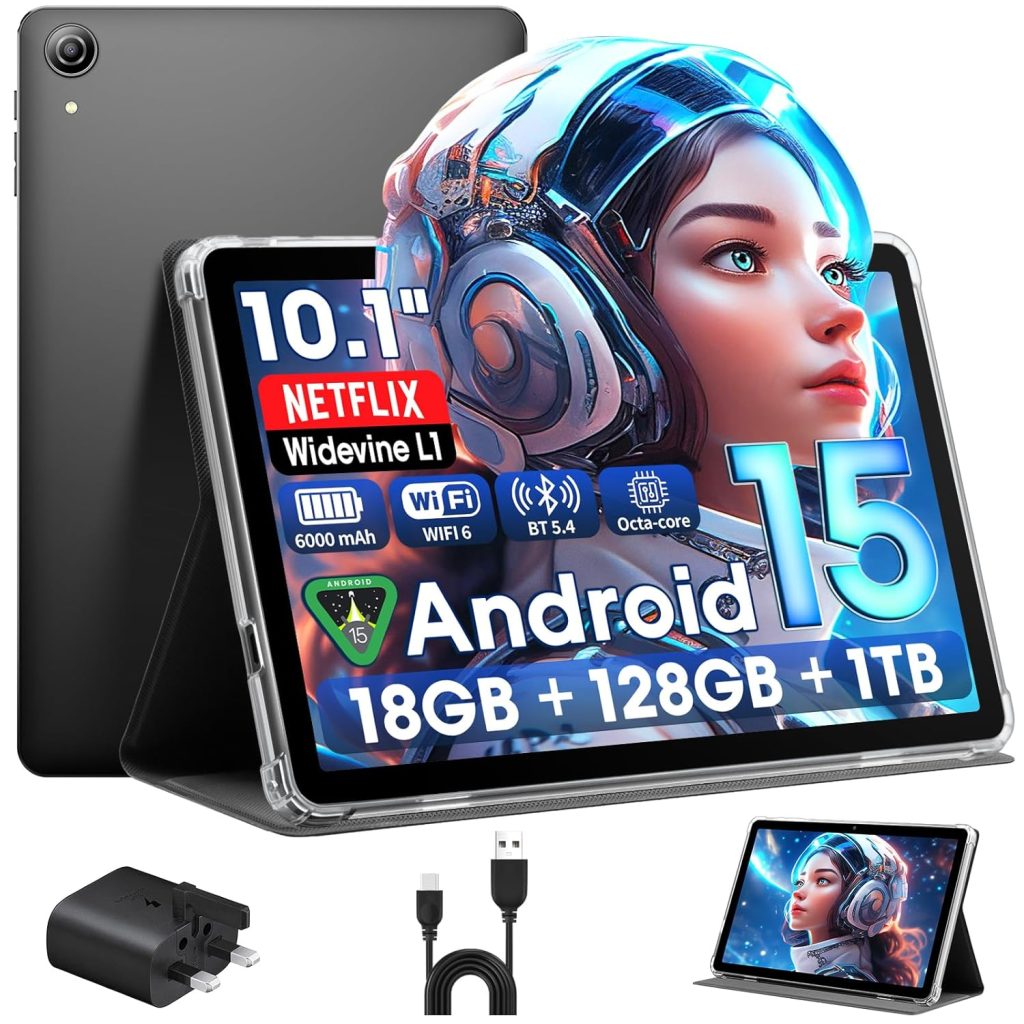 Raemond Android 15 Tablet 10 Inch with Case, 18GB RAM 128GB ROM, 1280 x ...